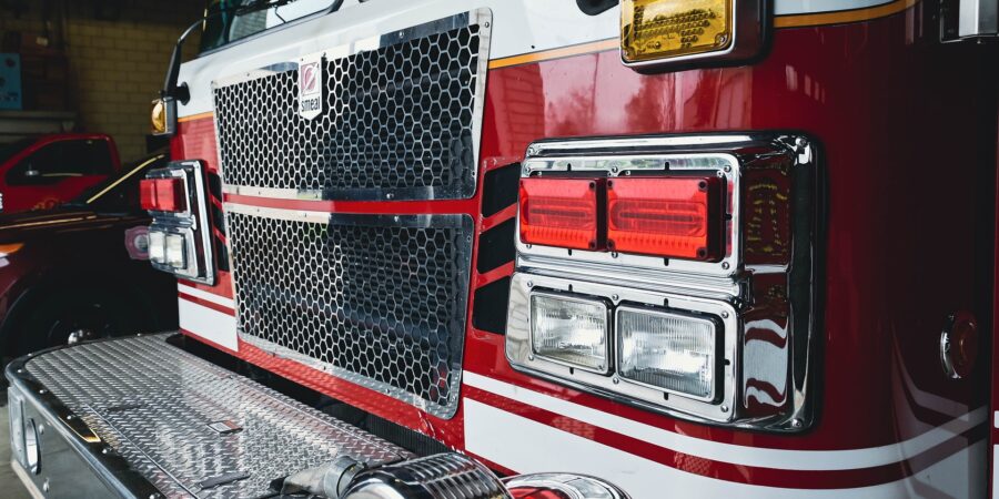 A close up view of the front of a fire truck.